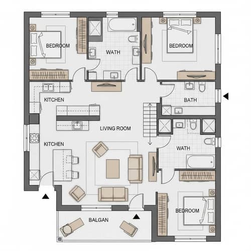 Comprehensive House Blueprint with Room Divisions and Essential Elements