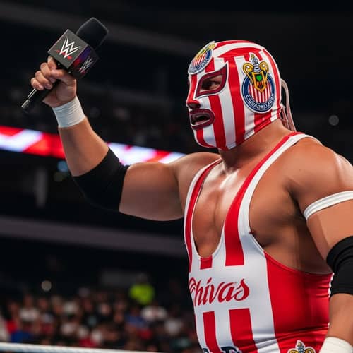 Chivas-Themed Masked Wrestler with Microphone