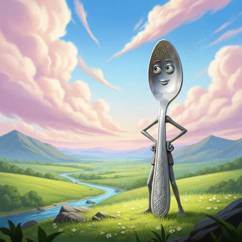 Whimsical Animated Spoon in Fantasy Landscape