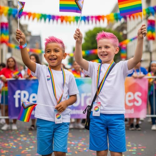 Vibrant Hispanic and Caucasian Boys Celebrate at Pride Parade