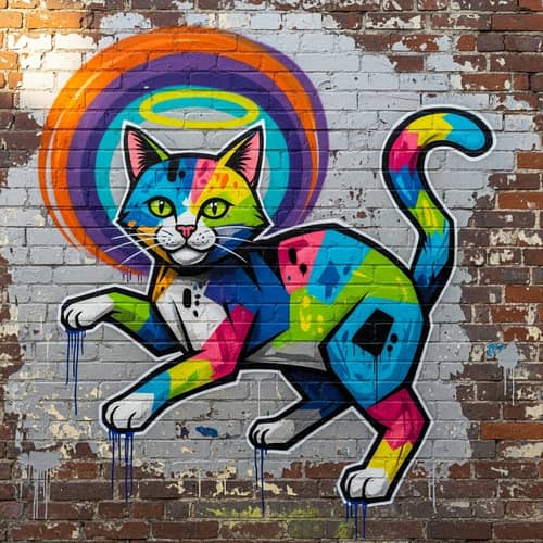 Colorful Street Art Graffiti Cat on Brick Wall