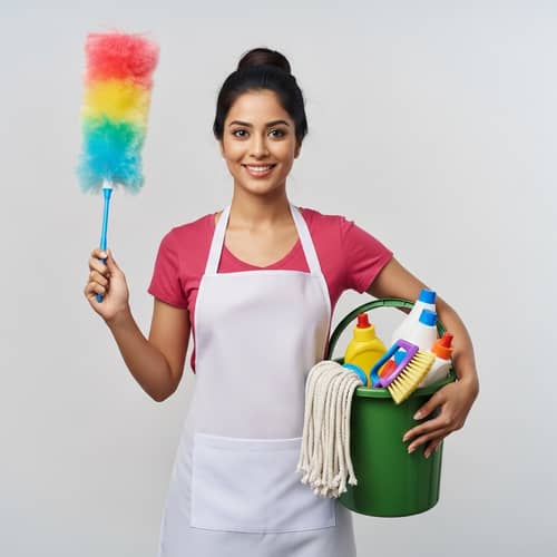 South Asian Female Housemaid with Cleaning Tools