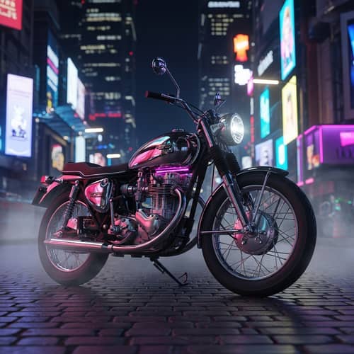 Vintage Cyberpunk Motorcycle | Nighttime Cityscape