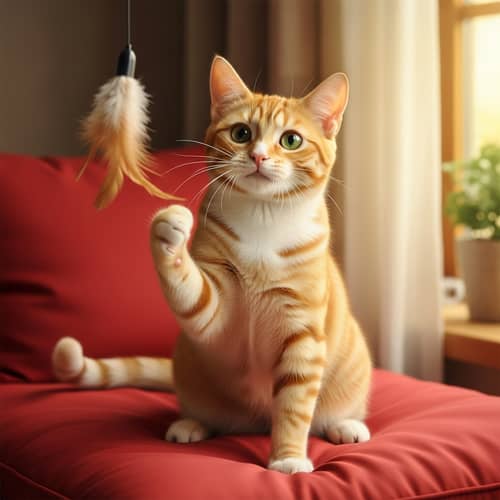 Lively Orange Cat Playing on Red Cushion | Cute Cat Image