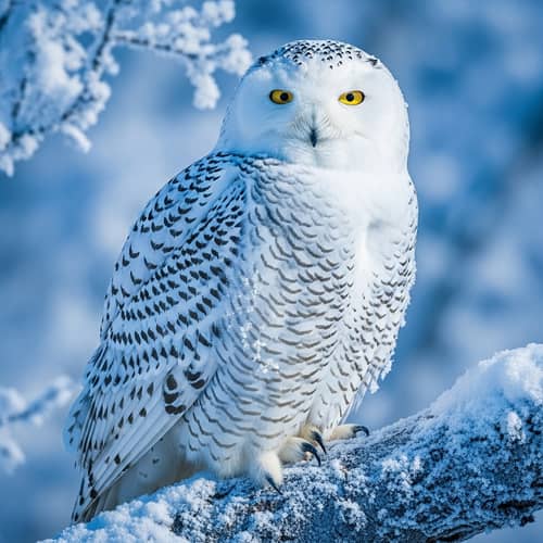 Majestic Snowy Owl Perched on Snow-Covered Tree Branch