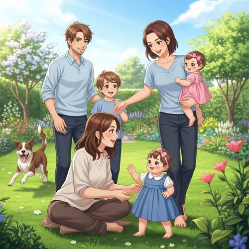 Family Fun in a Sunny Garden with Playful Dog
