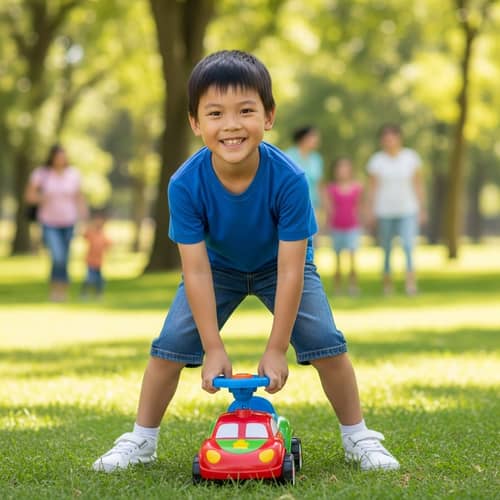 Cheerful Young Asian Boy Playing with Toy Car in Sunny Park