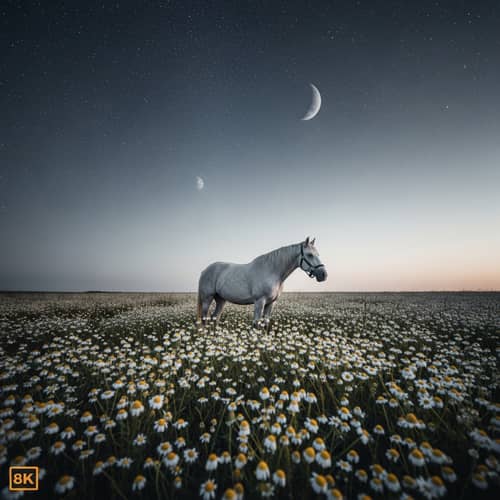 Chamomile Field & Majestic Horse Under Starry Sky - 8K Art