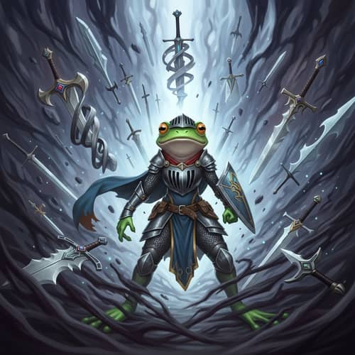 Female Pepe Frog Knight in Dark Energy with Flying Swords
