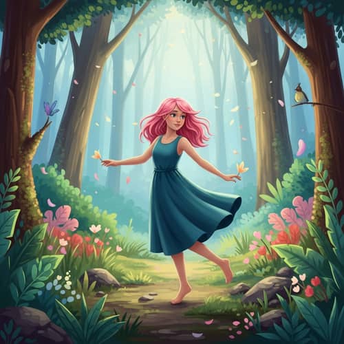 Vibrant Pink Hair Dancing in Enchanted Forest | Fairytale Scene