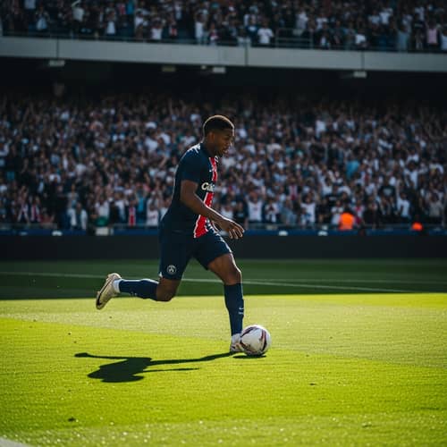 Professional Football Player Running on Green Field with Soccer Ball