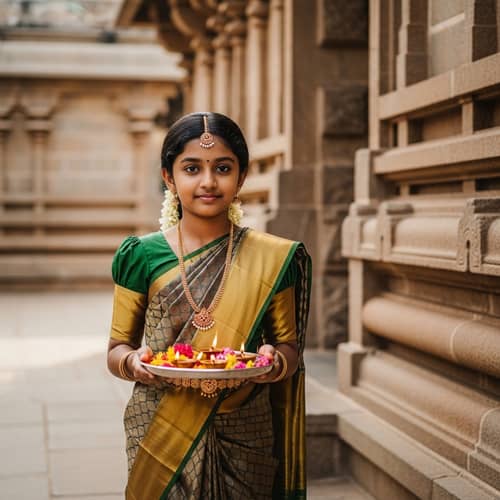 Tamil Girl in Silk Saree at South Indian Temple