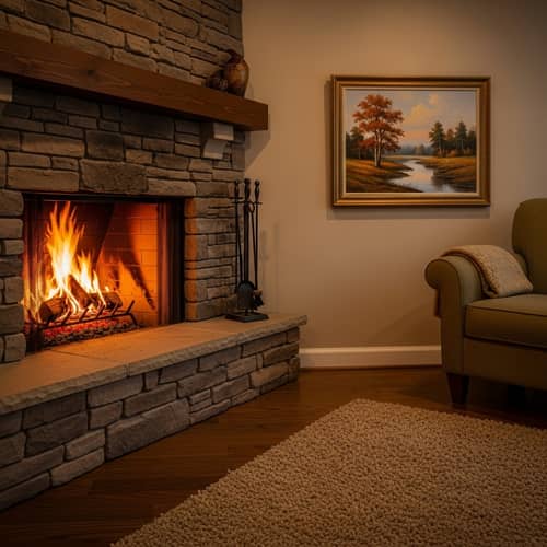 Cozy Winter Home Interior with Stone Fireplace | Warm & Inviting Atmosphere