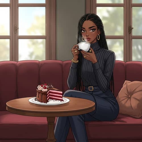 Tall Black Girl in Korean Comic Style Enjoying Cake in Vintage Cafe