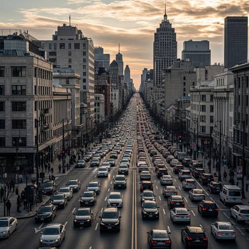 Dynamic Cityscape with Diverse Vehicles and Sunset Sky