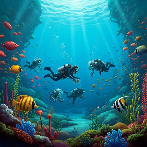 Underwater Exploration: Abstract Scene with Divers and High-Tech Robots