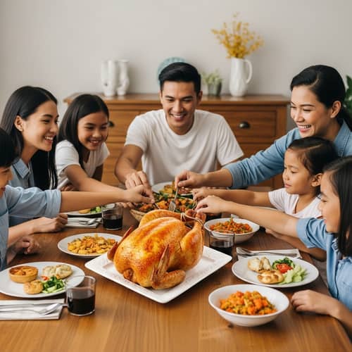 Joyful Filipino Family Enjoys Roasted Chicken Together