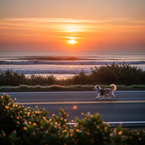 Tranquil Sunrise Scene with Dog Crossing Road