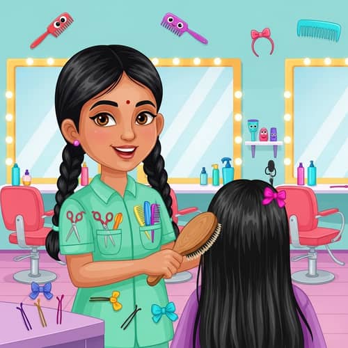 South Asian Girl Cartoon Hairstylist | Kid-Friendly Salon