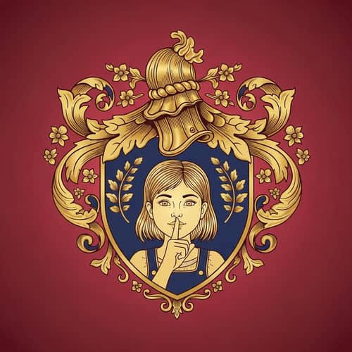 Heart-shaped Gold Coat of Arms | Intricate Emblem with Girl in Playful Pose