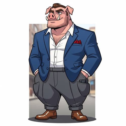 Stylish Masculine Pig Cartoon in Trendy Attire