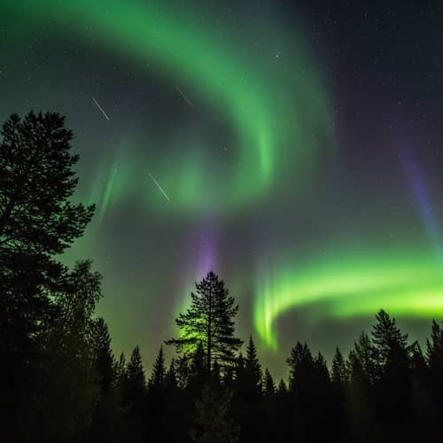 Aurora Borealis Night View Over Dense Forest | Starfall Sky