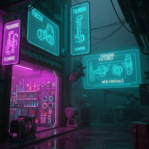 Futuristic Cyberpunk Plumbing Store | Tech Tools & Neon Glow