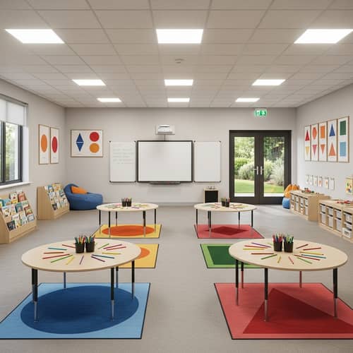 Spacious Classroom for Geometric Studies | Colorful Tables & Shapes Decor