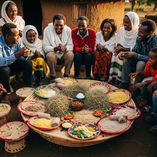 Ethiopian Individuals Sharing a Donkey-inspired Meal