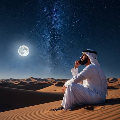Middle-Eastern Genius Contemplating Stars in Secluded Desert