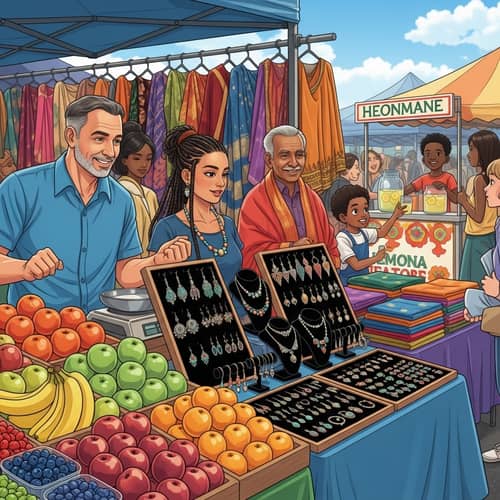 Multicultural Marketplace with Fresh Fruits, Handcrafted Jewelry, Textiles & Lemonade