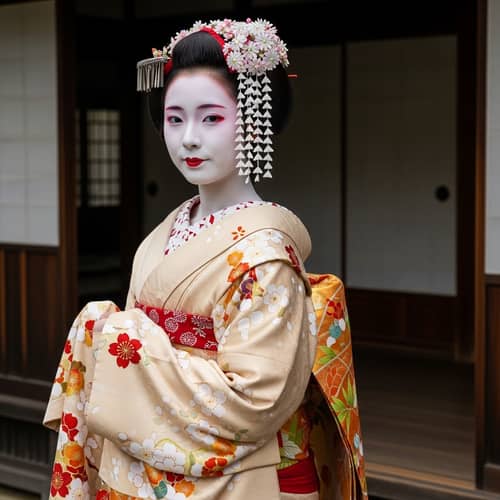 Traditional Japanese Geisha Scene | Elegant Kimono & Serene Ambiance