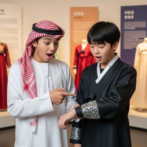Korean Boys in Black Suit to Saudi Arabian Religious Attire
