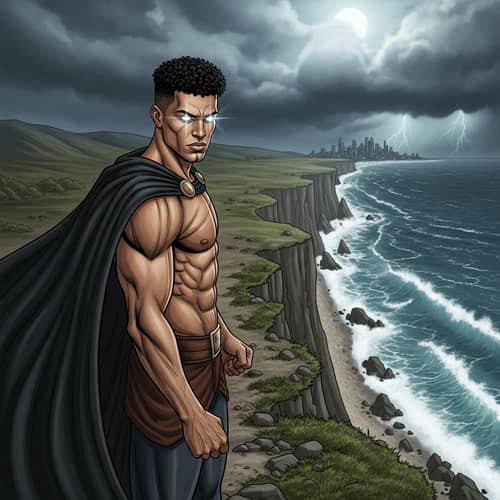 Heroic South Asian Figure Overlooking Stormy Sea | City Skyline Await