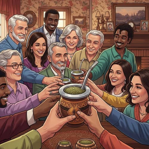 Colorful Illustration of Diverse Group Enjoying Yerba Mate in Grandparent's House