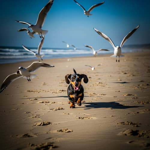 Playful Dachshund Running on Sandy Beach | Pet Photography Action Shots