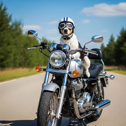 Funny Dog in Striped Helmet on Motorcycle | Outdoor Scene