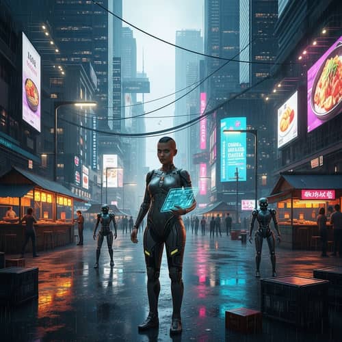 Cyberpunk Cityscape: South Asian Hacker in High-Tech Setting