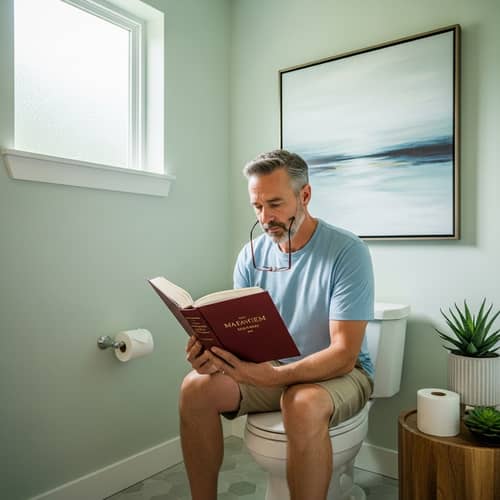 Man Reading Book on Toilet Seat