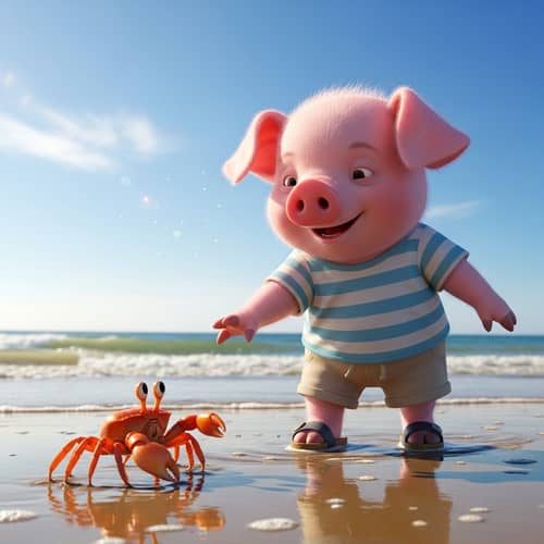 Pepa Pig Playing with Crab on Beach