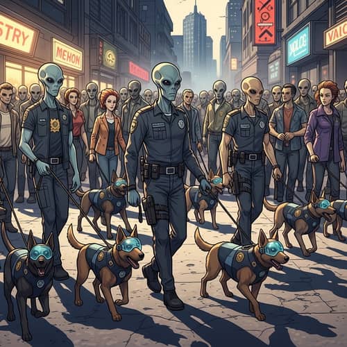Diverse Aliens Walking Futuristic Police Dogs on Leashes