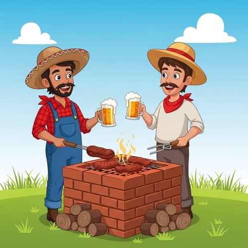Lifelike Hillbilly Cartoon Characters Grilling Meat on Brick BBQ