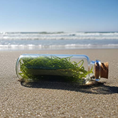 Fresh Green Sea Moss in a Clear Bottle on Sandy Beach