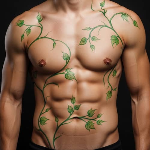 Male Torso Body Art: Naturalistic Green Vines and Leaves