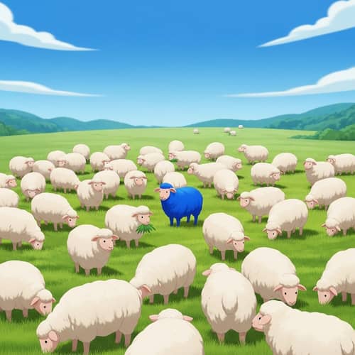 Unique Blue Sheep Among Fluffy White Flock | Pastoral Scene