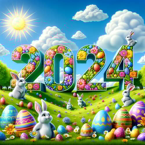 2024 Easter Sign and Bunnies - Vibrant Spring Scene