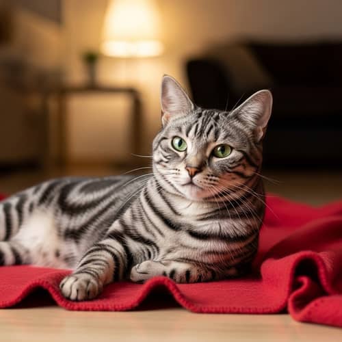 Elegant Tabby Cat Relaxing | Green Eyes & Cozy Blanket