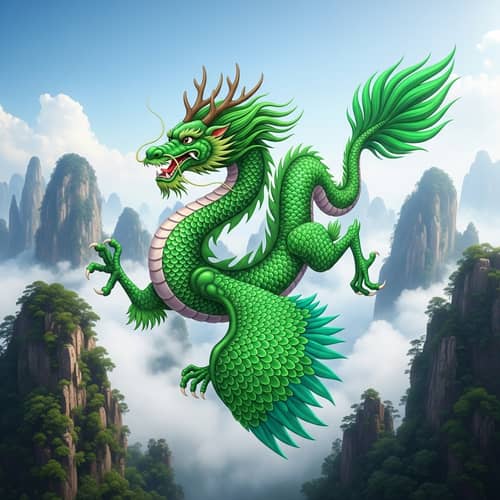 Emerald Chinese Dragon Soaring Around Majestic Mountains