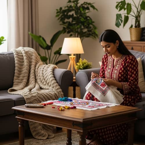 Beautiful Woman Embroidering in a Cozy Room