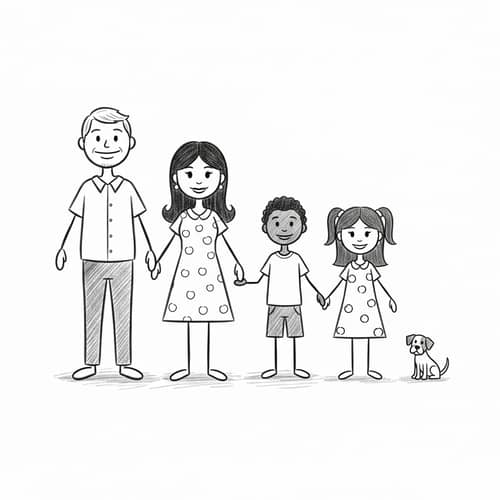 Stick Figure Family Drawing with Caucasian, South Asian, Black, Hispanic Members and Pet
